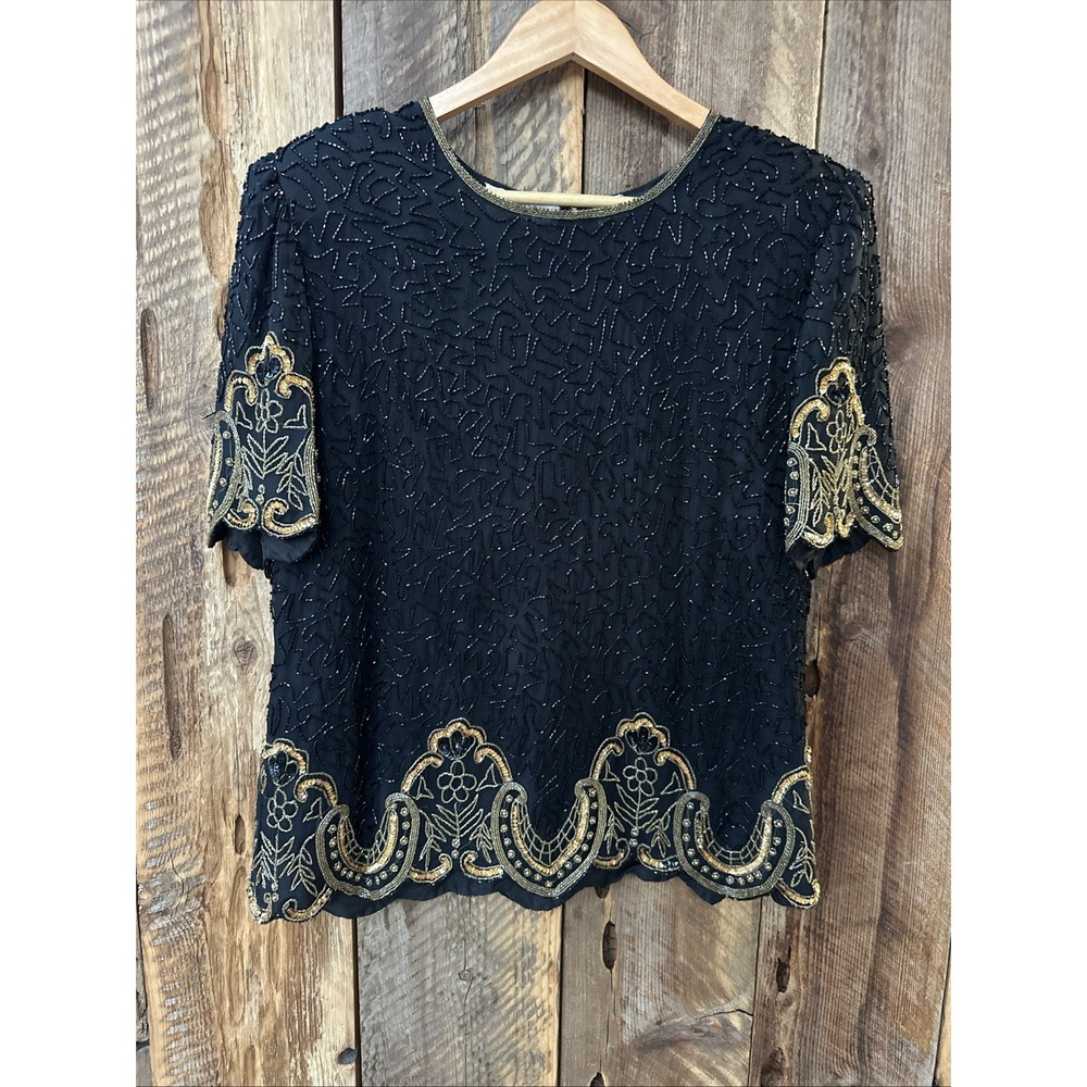 Vintage‎ Lawrence Kazar Beaded 100% Silk Evening Top 80S Party Blouse Regency